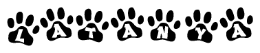 The image shows a row of animal paw prints, each containing a letter. The letters spell out the word Latanya within the paw prints.