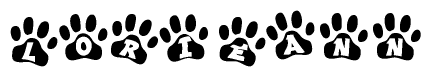 The image shows a series of animal paw prints arranged in a horizontal line. Each paw print contains a letter, and together they spell out the word Lorieann.