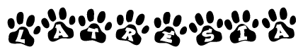 The image shows a series of animal paw prints arranged horizontally. Within each paw print, there's a letter; together they spell Latresia