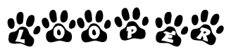 The image shows a row of animal paw prints, each containing a letter. The letters spell out the word Looper within the paw prints.