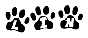 The image shows a series of animal paw prints arranged in a horizontal line. Each paw print contains a letter, and together they spell out the word Lin.