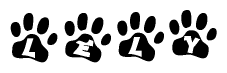 The image shows a row of animal paw prints, each containing a letter. The letters spell out the word Lely within the paw prints.
