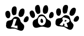 The image shows a row of animal paw prints, each containing a letter. The letters spell out the word Lor within the paw prints.