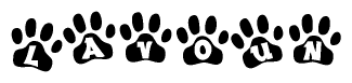 The image shows a series of animal paw prints arranged in a horizontal line. Each paw print contains a letter, and together they spell out the word Lavoun.