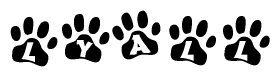 The image shows a series of animal paw prints arranged in a horizontal line. Each paw print contains a letter, and together they spell out the word Lyall.