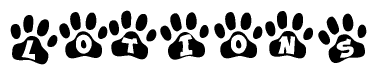 The image shows a series of animal paw prints arranged in a horizontal line. Each paw print contains a letter, and together they spell out the word Lotions.