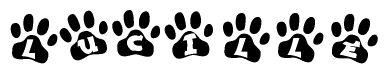The image shows a series of animal paw prints arranged horizontally. Within each paw print, there's a letter; together they spell Lucille