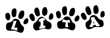 The image shows a row of animal paw prints, each containing a letter. The letters spell out the word Lita within the paw prints.