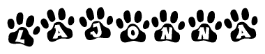 The image shows a row of animal paw prints, each containing a letter. The letters spell out the word Lajonna within the paw prints.
