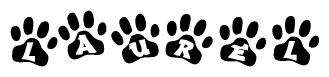 The image shows a series of animal paw prints arranged in a horizontal line. Each paw print contains a letter, and together they spell out the word Laurel.