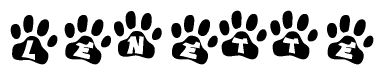 The image shows a row of animal paw prints, each containing a letter. The letters spell out the word Lenette within the paw prints.