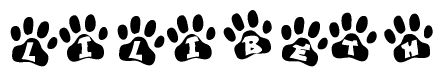 The image shows a row of animal paw prints, each containing a letter. The letters spell out the word Lilibeth within the paw prints.