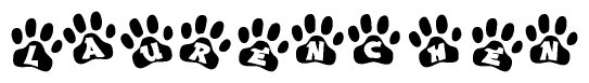 The image shows a series of animal paw prints arranged in a horizontal line. Each paw print contains a letter, and together they spell out the word Laurenchen.