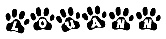 The image shows a row of animal paw prints, each containing a letter. The letters spell out the word Louann within the paw prints.