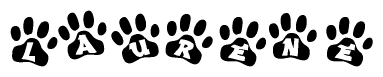The image shows a series of animal paw prints arranged in a horizontal line. Each paw print contains a letter, and together they spell out the word Laurene.