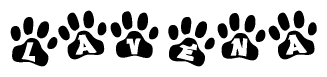 The image shows a series of animal paw prints arranged in a horizontal line. Each paw print contains a letter, and together they spell out the word Lavena.