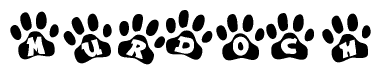 The image shows a series of animal paw prints arranged in a horizontal line. Each paw print contains a letter, and together they spell out the word Murdoch.