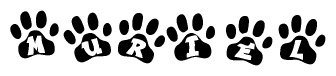 The image shows a series of animal paw prints arranged in a horizontal line. Each paw print contains a letter, and together they spell out the word Muriel.