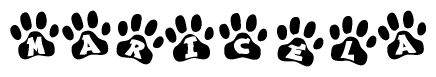 The image shows a series of animal paw prints arranged in a horizontal line. Each paw print contains a letter, and together they spell out the word Maricela.