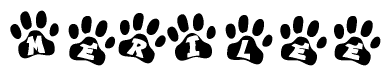The image shows a series of animal paw prints arranged in a horizontal line. Each paw print contains a letter, and together they spell out the word Merilee.