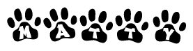 The image shows a series of animal paw prints arranged in a horizontal line. Each paw print contains a letter, and together they spell out the word Matty.