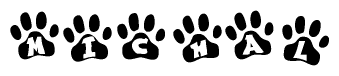 The image shows a row of animal paw prints, each containing a letter. The letters spell out the word Michal within the paw prints.
