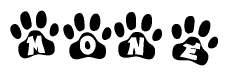The image shows a series of animal paw prints arranged in a horizontal line. Each paw print contains a letter, and together they spell out the word Mone.