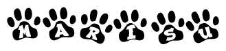 The image shows a series of animal paw prints arranged horizontally. Within each paw print, there's a letter; together they spell Marisu