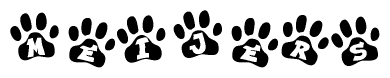 The image shows a row of animal paw prints, each containing a letter. The letters spell out the word Meijers within the paw prints.