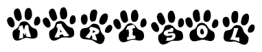 The image shows a series of animal paw prints arranged in a horizontal line. Each paw print contains a letter, and together they spell out the word Marisol.