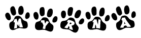 The image shows a series of animal paw prints arranged horizontally. Within each paw print, there's a letter; together they spell Myrna