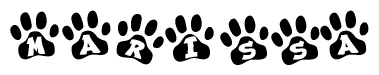 The image shows a row of animal paw prints, each containing a letter. The letters spell out the word Marissa within the paw prints.