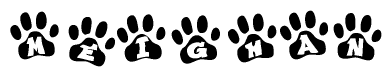 The image shows a series of animal paw prints arranged in a horizontal line. Each paw print contains a letter, and together they spell out the word Meighan.