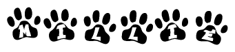 The image shows a series of animal paw prints arranged horizontally. Within each paw print, there's a letter; together they spell Millie