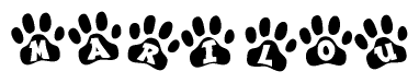 The image shows a row of animal paw prints, each containing a letter. The letters spell out the word Marilou within the paw prints.