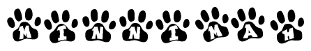 The image shows a row of animal paw prints, each containing a letter. The letters spell out the word Minnimah within the paw prints.
