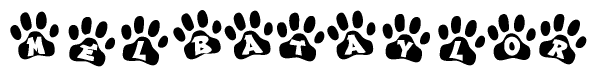 The image shows a row of animal paw prints, each containing a letter. The letters spell out the word Melbataylor within the paw prints.