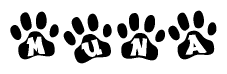 The image shows a series of animal paw prints arranged in a horizontal line. Each paw print contains a letter, and together they spell out the word Muna.