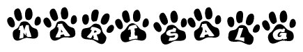 The image shows a series of animal paw prints arranged horizontally. Within each paw print, there's a letter; together they spell Marisalg