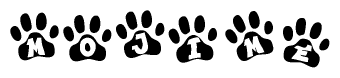 The image shows a series of animal paw prints arranged in a horizontal line. Each paw print contains a letter, and together they spell out the word Mojime.