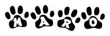 The image shows a series of animal paw prints arranged horizontally. Within each paw print, there's a letter; together they spell Maro