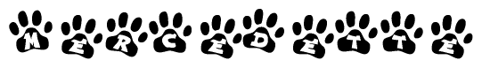 The image shows a series of animal paw prints arranged in a horizontal line. Each paw print contains a letter, and together they spell out the word Mercedette.