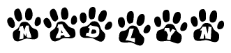 The image shows a row of animal paw prints, each containing a letter. The letters spell out the word Madlyn within the paw prints.