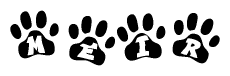 The image shows a series of animal paw prints arranged horizontally. Within each paw print, there's a letter; together they spell Meir