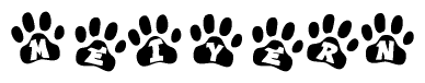 The image shows a row of animal paw prints, each containing a letter. The letters spell out the word Meiyern within the paw prints.