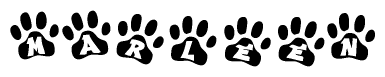 The image shows a row of animal paw prints, each containing a letter. The letters spell out the word Marleen within the paw prints.