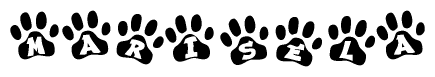 The image shows a series of animal paw prints arranged in a horizontal line. Each paw print contains a letter, and together they spell out the word Marisela.