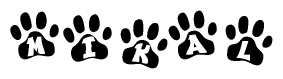 The image shows a series of animal paw prints arranged in a horizontal line. Each paw print contains a letter, and together they spell out the word Mikal.