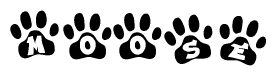 The image shows a series of animal paw prints arranged in a horizontal line. Each paw print contains a letter, and together they spell out the word Moose.