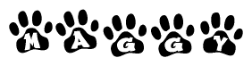 The image shows a row of animal paw prints, each containing a letter. The letters spell out the word Maggy within the paw prints.